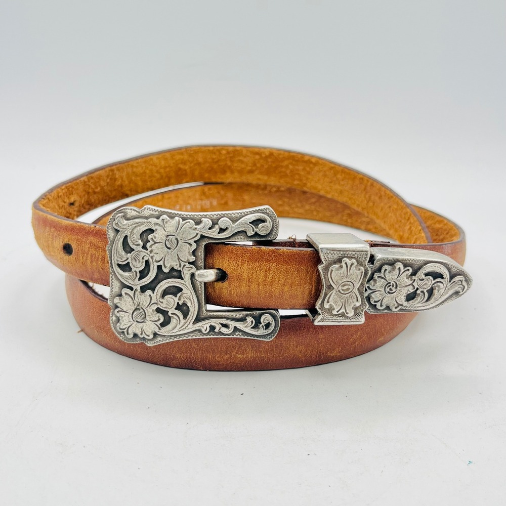 Vintage 1995 Brighton Cognac Brown Leather Western Floral Buckle Skinny Belt L